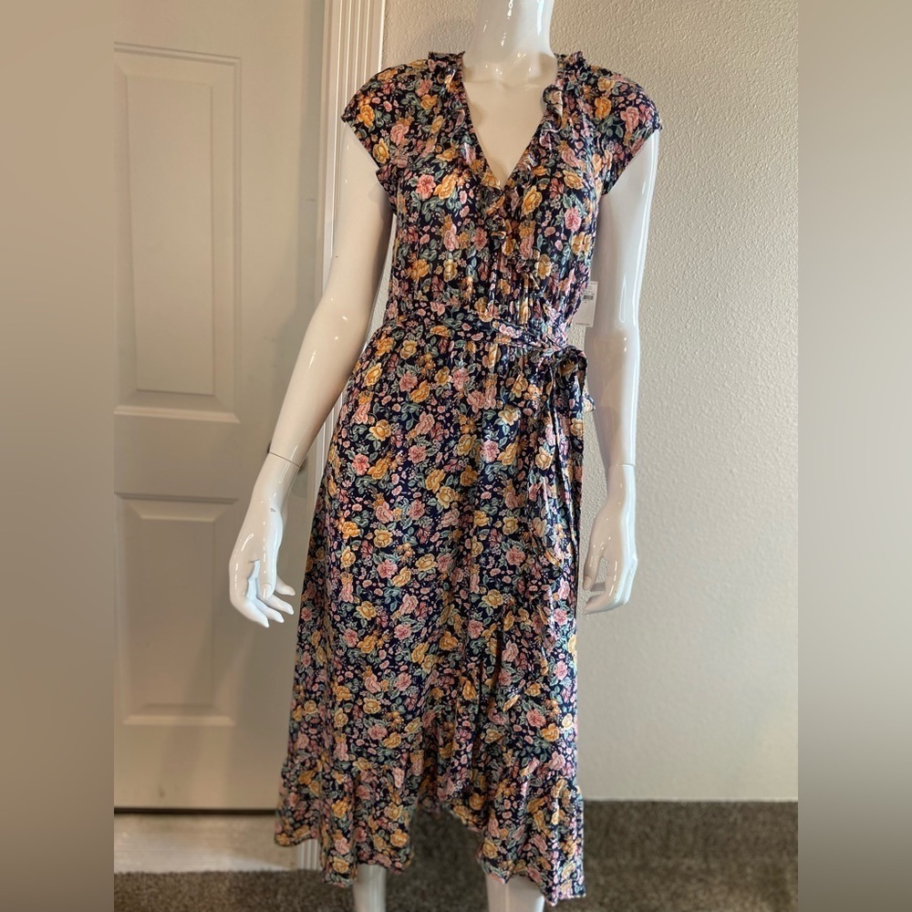 Old Navy~NWT~Multi-Color Floral Print~Ruffle Wrap Midi Dress~Cap Sleeves~Size S - Picture 7 of 15